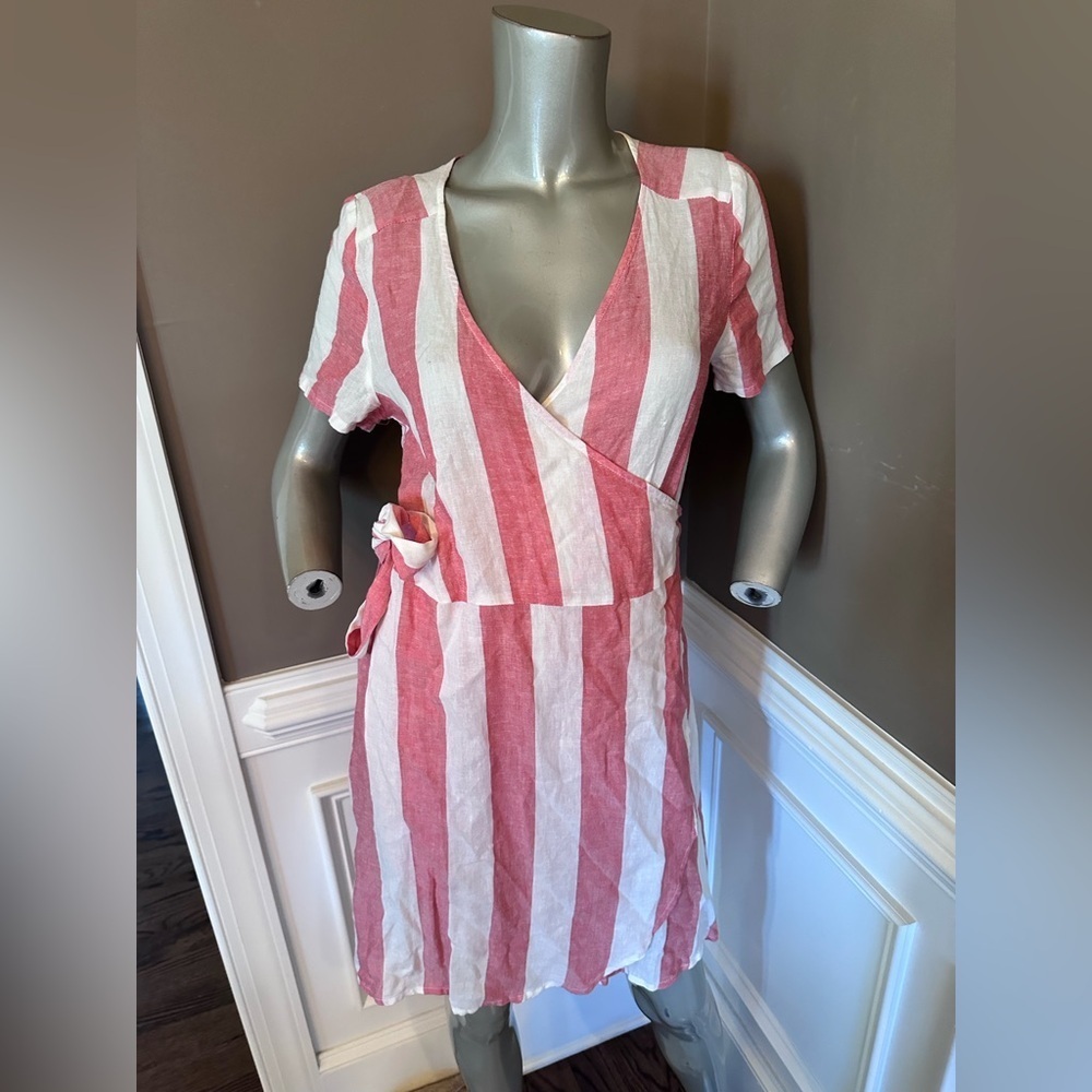 Marine Layer Stripped Pink/White Wrap Tie Linen Blend Dress Sz M